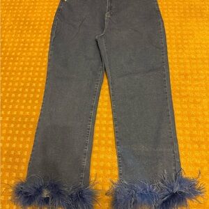 Boohoo Blue Jeans with Blue Feather Trim
